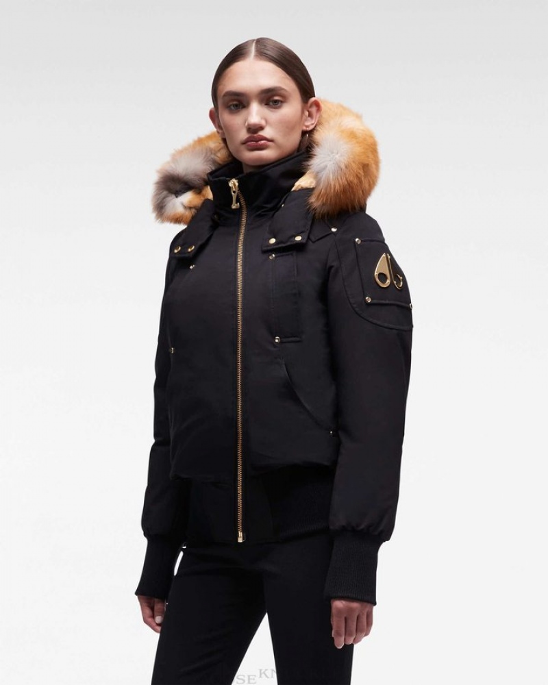 Black / Gold Fox Fur Moose Knuckles GOLD DEBBIE BOMBER FUR Bombers | Xo84-RY30