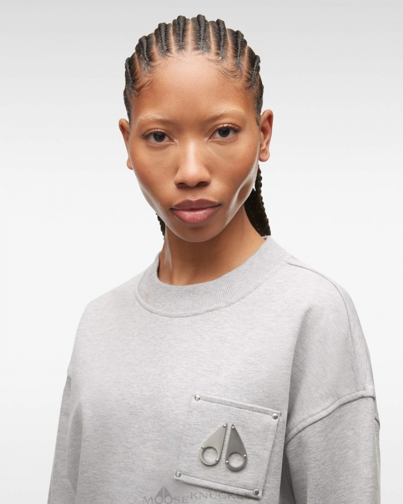 Grey Melange Moose Knuckles BROOKLYN CREW NECK Sweatshirts | ZD61-rz12