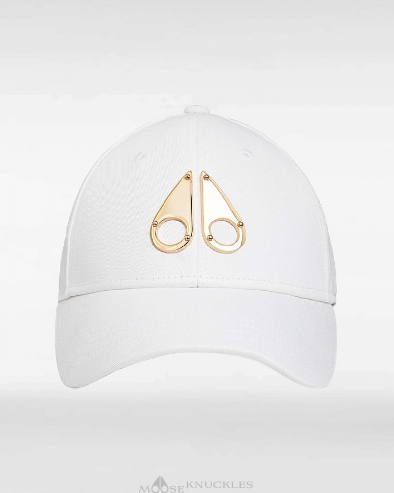 White / Gold Logo Moose Knuckles GOLD LOGO ICON CAP Baseball caps | UR70-Qp36